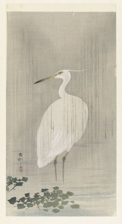 Silver Heron in Rain by Ohara Koson
