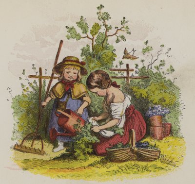 Two girls gardening by Oskar Pletsch