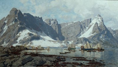 Snowy landscape from Reine, Lofoten by Otto Ludvig Sinding