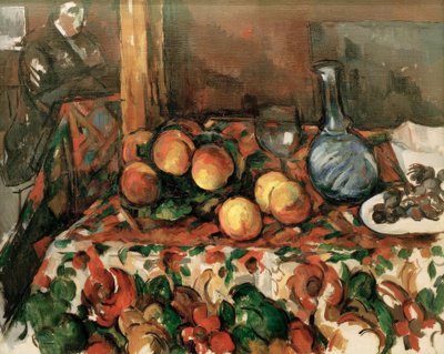 Peaches, Carafe, and Figure by Paul Cézanne