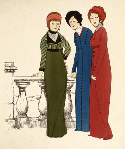 Three ladies in dresses (colour lithograph) by Paul Iribe