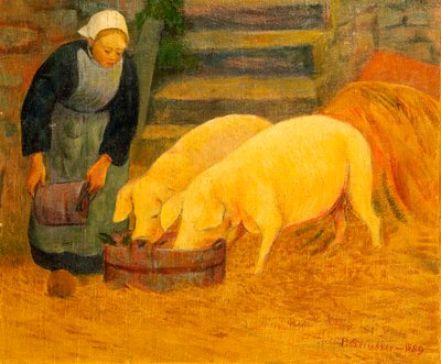 A Young Girl Feeding Two Pigs by Paul Sérusier