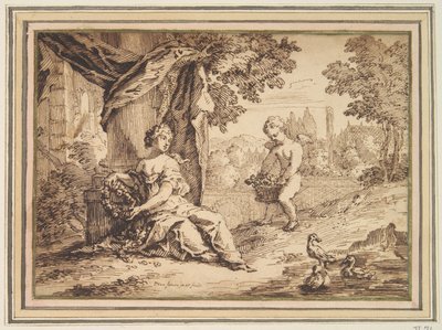 Women Seated beneath Pillar with Putto by Paul van Somer