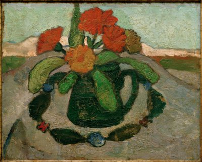 Still Life with Marigolds in Front of Landscape by Paula Modersohn Becker