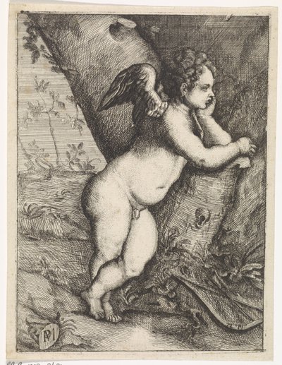 Cupid Musing by a Tree Trunk by Paulus Moreelse