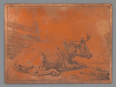 Cow lying by a fence by Paulus Potter
