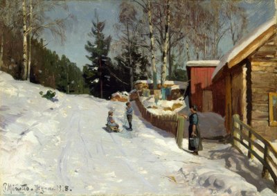 Playing Children on Snowy Village Street by Peder Monsted