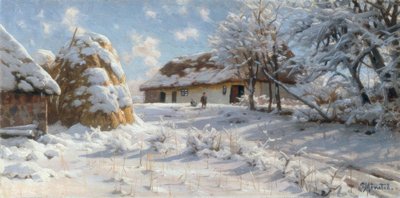 Snowy Village Landscape with Children Sledding by Peder Monsted