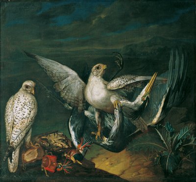 White Hunting Falcons with a Heron by Philipp Ferdinand de Hamilton