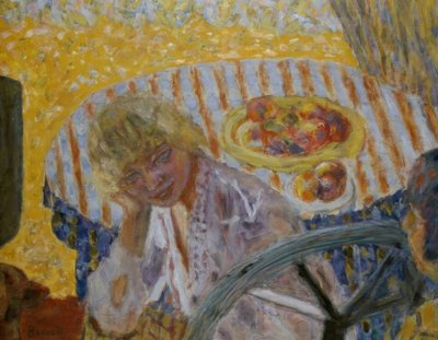 Young Woman with Striped Tablecloth by Pierre Bonnard