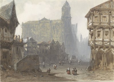 The Old Market Square in Rouen by Pierre Luc Charles Ciceri