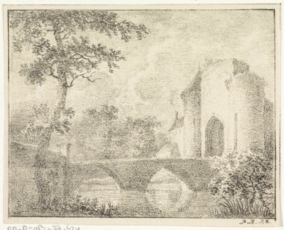 Castle with Bridge in a Landscape by Pieter Bartholomeusz. Barbiers