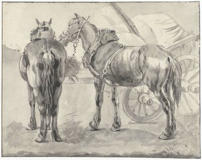 Two Harnessed Horses by a Cart by Pieter van Bloemen