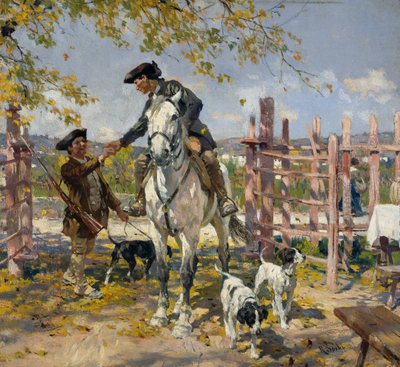 Two hunters with dogs by Raffaello Sorbi