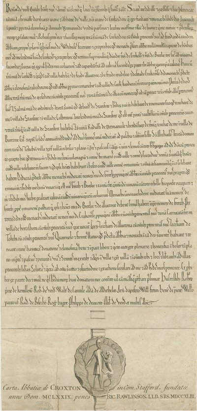 Croxden Abbey - Foundation Charter: Engraving by Richard Rawlinson
