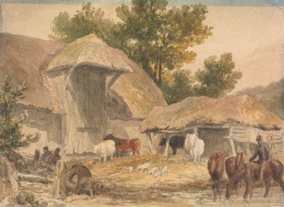 Farmyard with Horses Waiting by Robert Hills