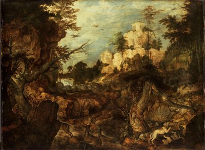 Wild Boar Hunt in a Rocky Landscape by Roelant Savery