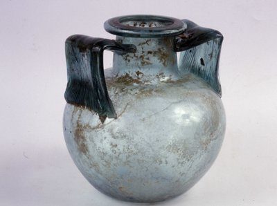 Blue glass cinerary urn with striated handles by Roman