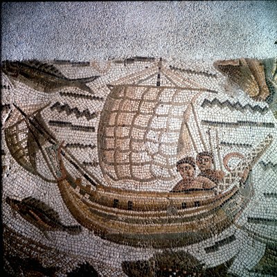 Fishing scene in Mosaic in Hippo, Algeria by Roman Roman