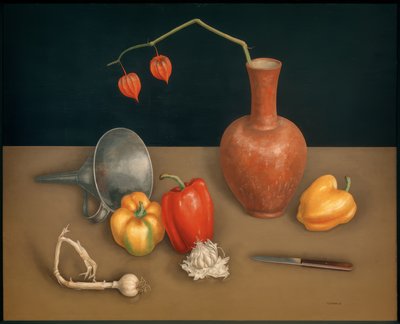 Still Life with Bell Peppers (Knife, Vase, Chinese Lantern) by Rudolf Wacker
