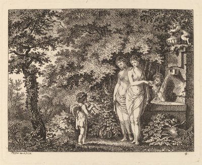 Eros with Three Girls at a Fountain by Salomon Gessner
