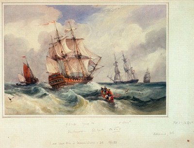 A ship lying to, c.1825 by Samuel Owen
