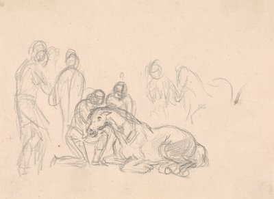 Two Figures Kneeling Beside a Horse by Sawrey Gilpin