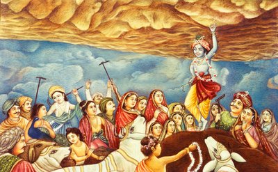 Lord Krishna Lifting Mountain Miniature Painting by School Indian