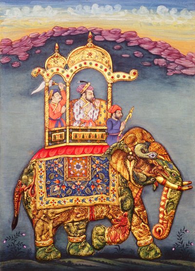 Mughal King Shah Jahan Riding on Elephant by School Indian