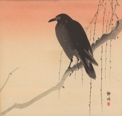 Black crow on a willow branch by Seiko Okuhara
