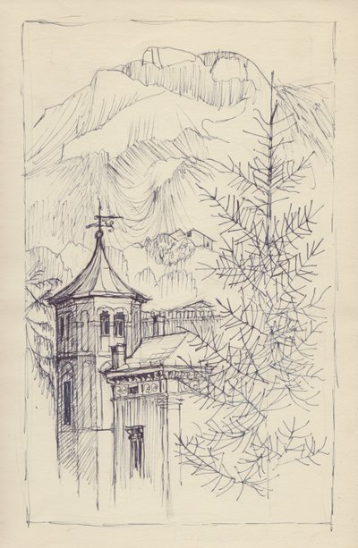 Church and Mountains, Italy by Shirley Markham