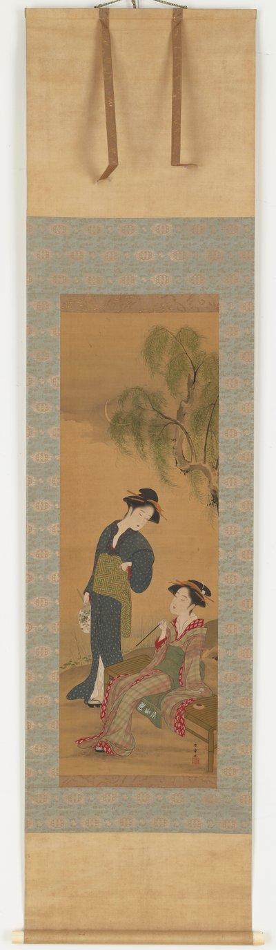 Two women under a willow tree by Shunsho