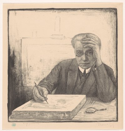 Self-Portrait with Lithographic Stone by Simon Moulijn (signed by artist)