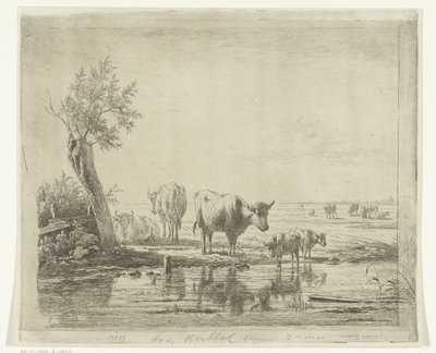 Pastoral Landscape with Cows by Water by Simon van den Berg