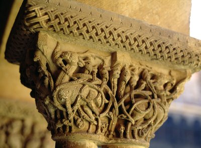 Carved capital on west side of cloister by Spanish School