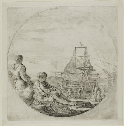 Shipyard with Two Sailors by Stefano della Bella