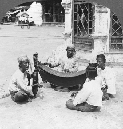 Musicians, Shwedagon Pagoda, Rangoon, Burma, 1908 by Stereo Travel Co