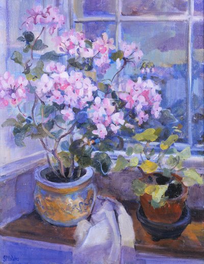 Pink Geranium on Window Seat by Sue Wales