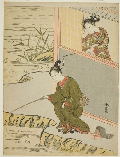 Beauty Teasing a Young Man Fishing by Suzuki Harunobu