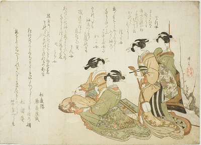 Four Courtesans Playing Music with Samisen by Teisai Hokuba