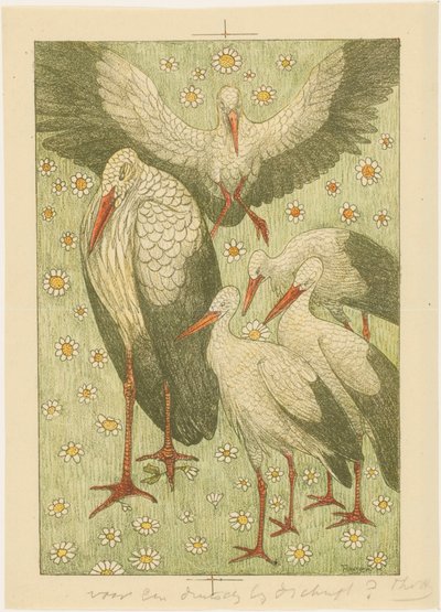 Five storks in a meadow by Theo van Hoytema