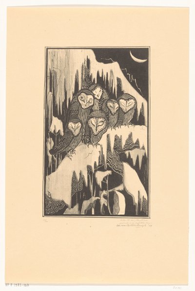 Six Barn Owls Sleeping on Snowy Branches by Theo van Hoytema