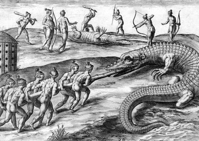Timucuan indians hunting alligator by Theodor de Bry
