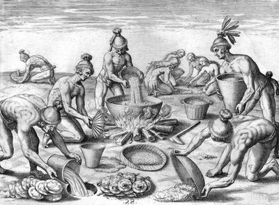 Timucuan Indians preparing a feast by Theodor de Bry