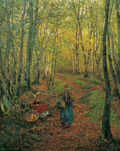 Forest Interior with Girl Searching for Mushrooms by Theodor von Hormann