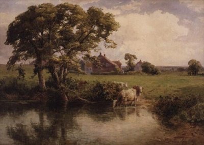 Cattle watering near a farmhouse by Thomas Pyne