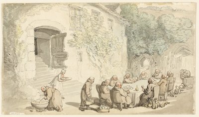 Monks Dining Outside (front); Village Street (back) by Thomas Rowlandson