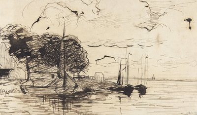 Shore with Farmhouse and Sailing Ships by Théophile de Bock (possibly)