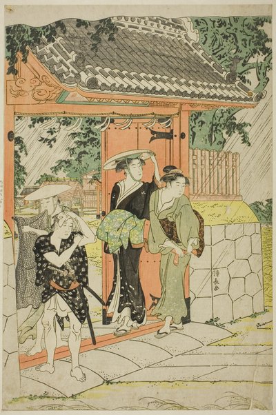 Sudden Shower at Mimeguri Shrine by Torii Kiyonaga