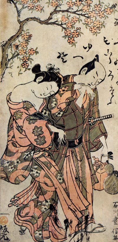 Japanese man and woman in kimonos by Toyonobu Ishikawa